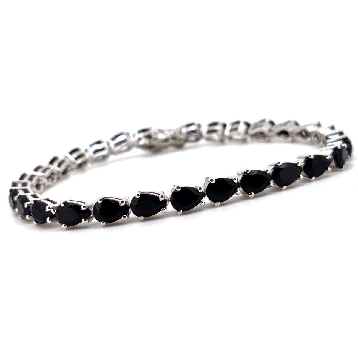 Handmade Black Onyx Pear Cut Tennis Bracelet, Sterling Silver, December Birthstone