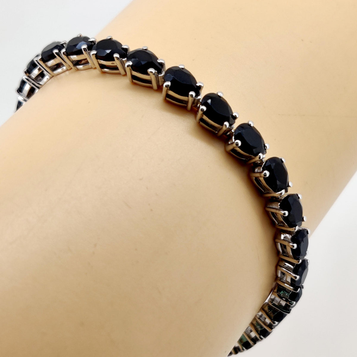 Handmade Black Onyx Pear Cut Tennis Bracelet, Sterling Silver, December Birthstone