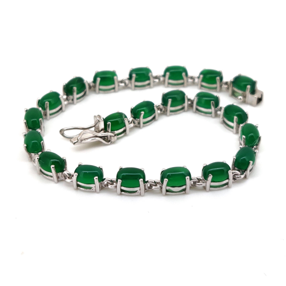 Green Onyx Oval Cabochon Tennis Bracelet, Sterling Silver, May Birthstone, Dainty Women's Jewelry