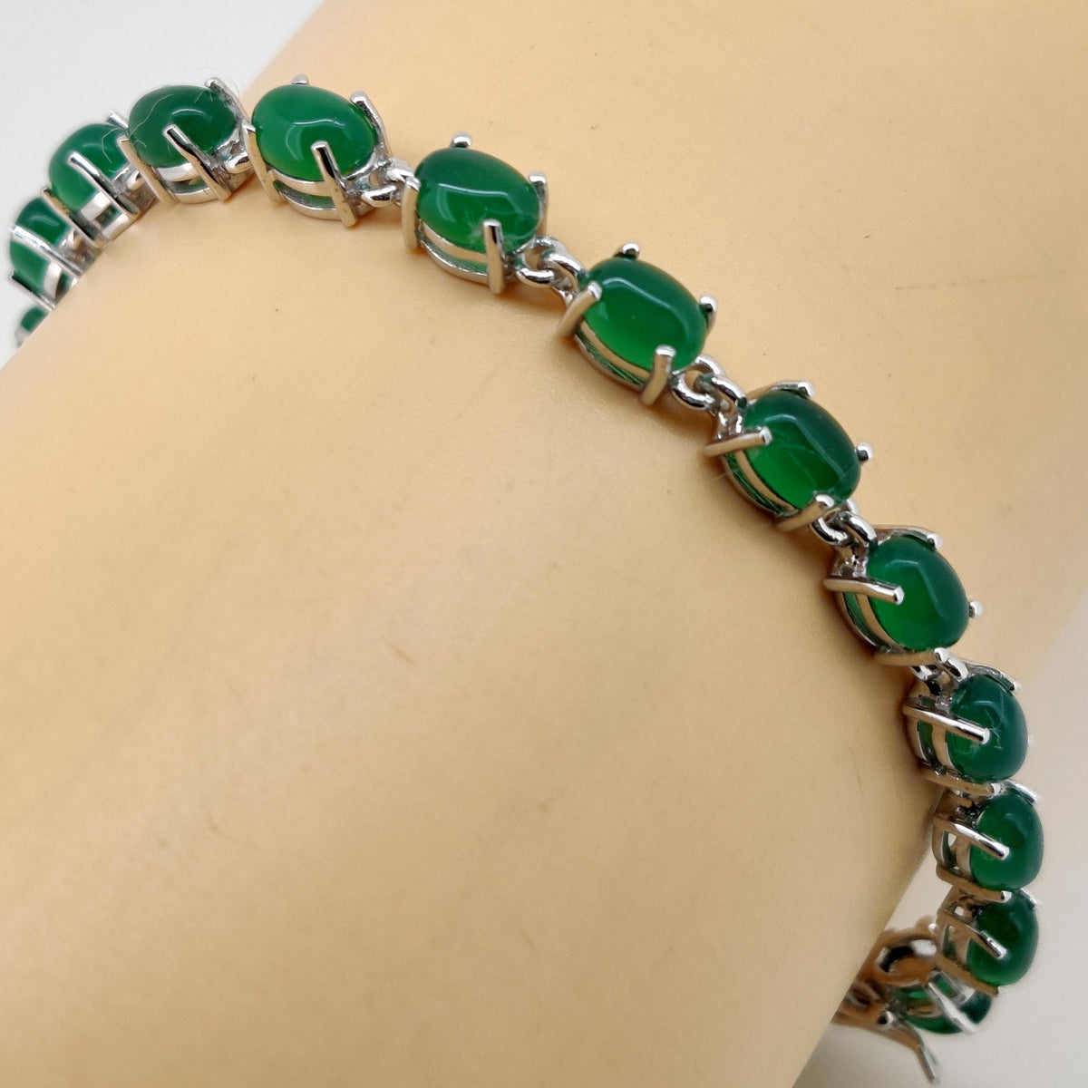 Green Onyx Oval Cabochon Tennis Bracelet, Sterling Silver, May Birthstone, Dainty Women's Jewelry