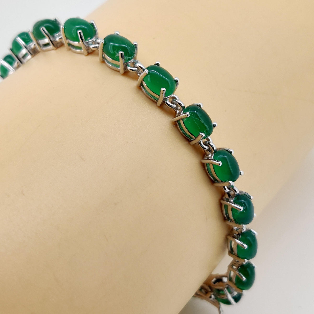 Green Onyx Oval Cabochon Tennis Bracelet, Sterling Silver, May Birthstone, Dainty Women's Jewelry