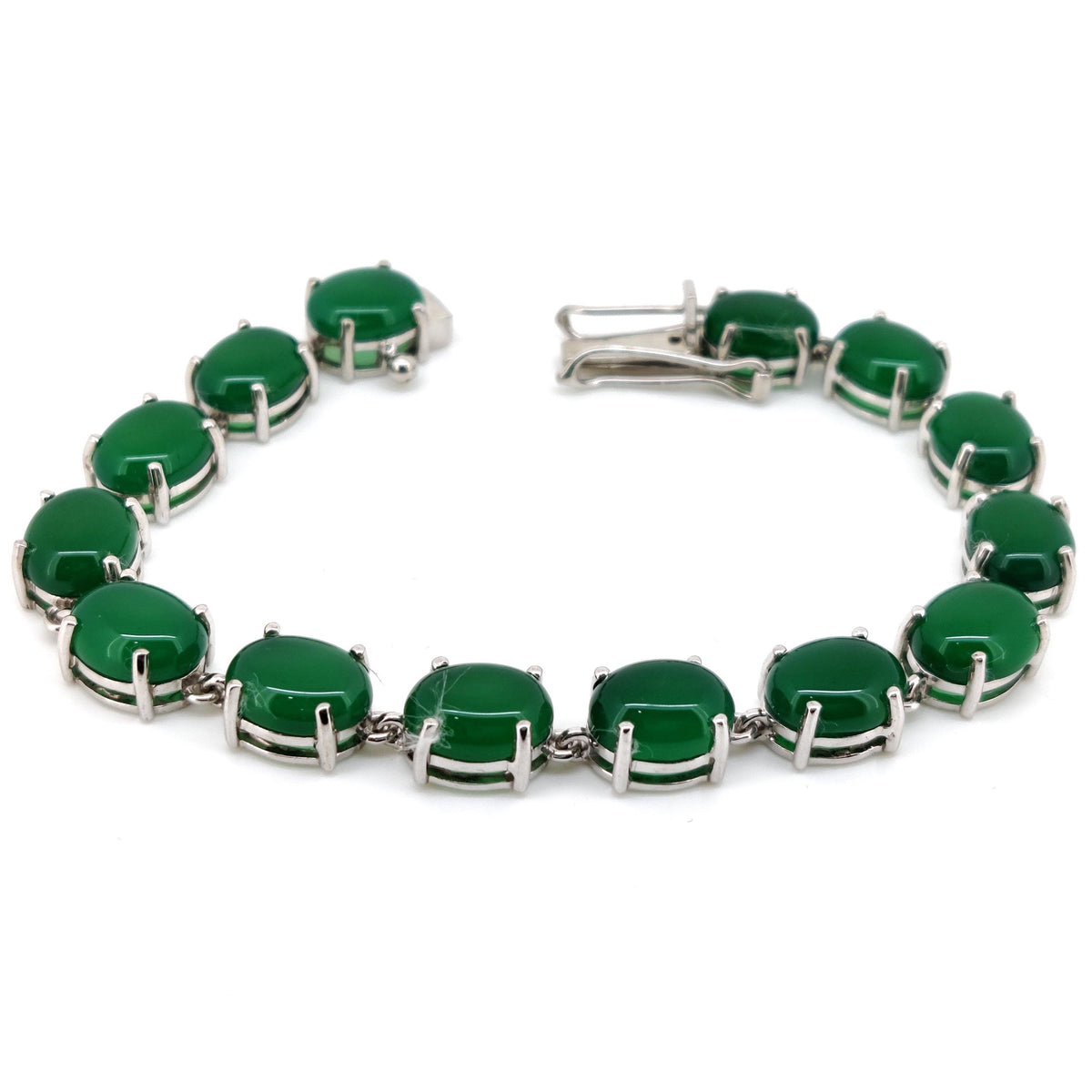 Green Onyx Oval Cabochon Tennis Bracelet, Sterling Silver May Birthstone Jewelry