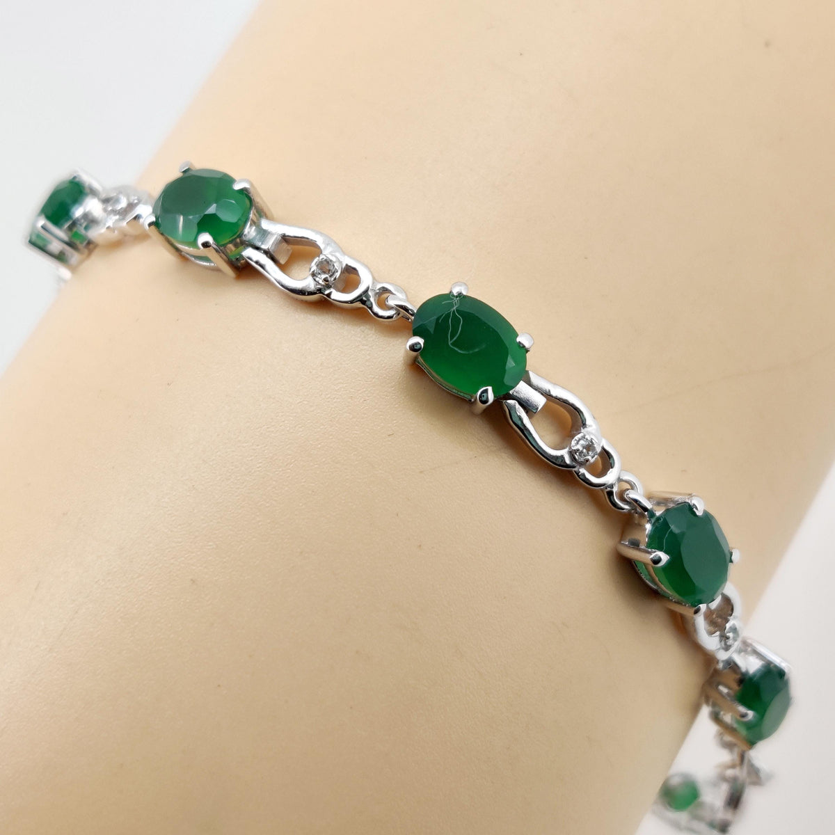 Oval Green Onyx Tennis Bracelet, Sterling Silver, May Birthstone, Handmade Jewelry