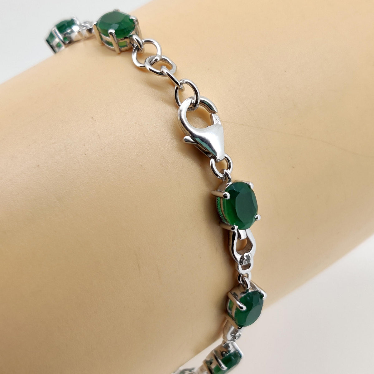 Oval Green Onyx Tennis Bracelet, Sterling Silver, May Birthstone, Handmade Jewelry
