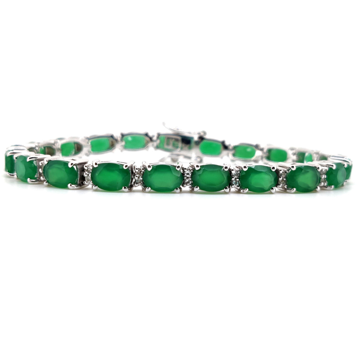 Green Onyx Tennis Bracelet, Sterling Silver, May Birthstone, Oval Cut Faceted Gemstone