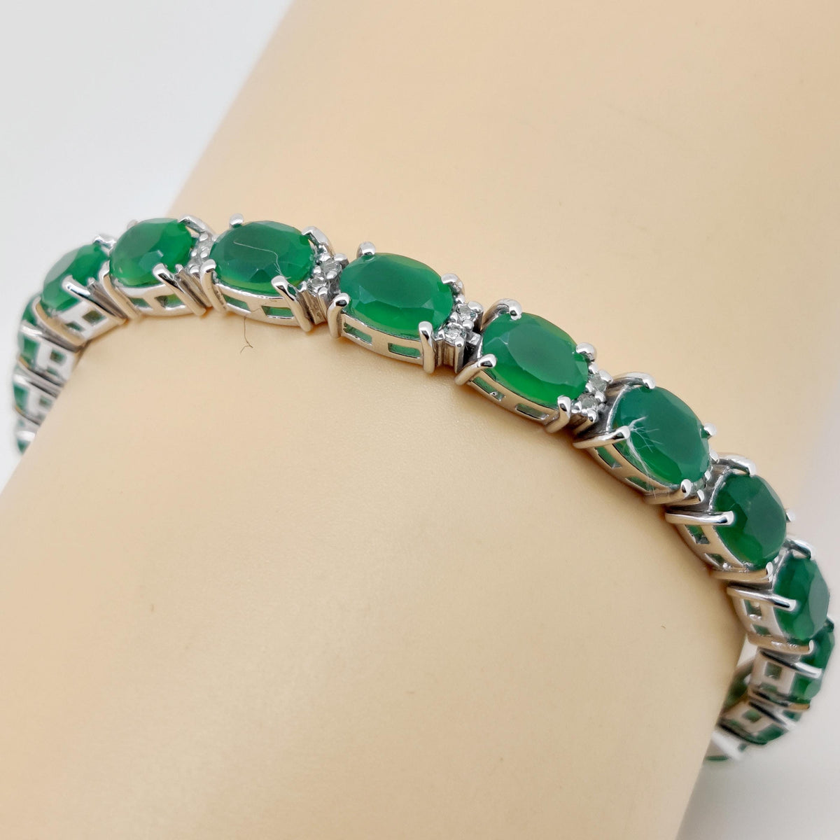 Green Onyx Tennis Bracelet, Sterling Silver, May Birthstone, Oval Cut Faceted Gemstone