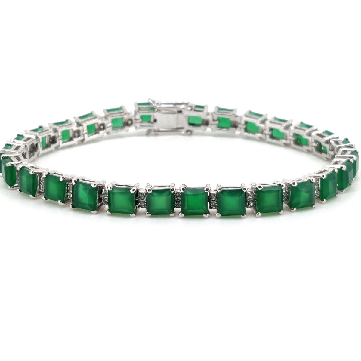 Sterling Silver Green Onyx Square Tennis Bracelet, May Birthstone, Handmade Jewelry