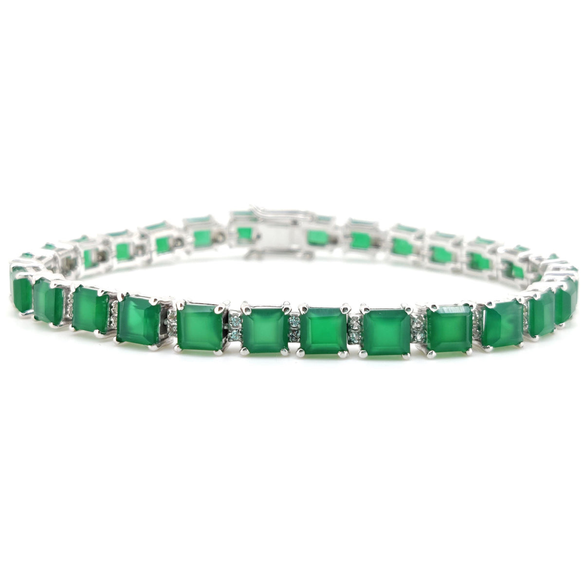 Sterling Silver Green Onyx Square Tennis Bracelet, May Birthstone, Handmade Jewelry