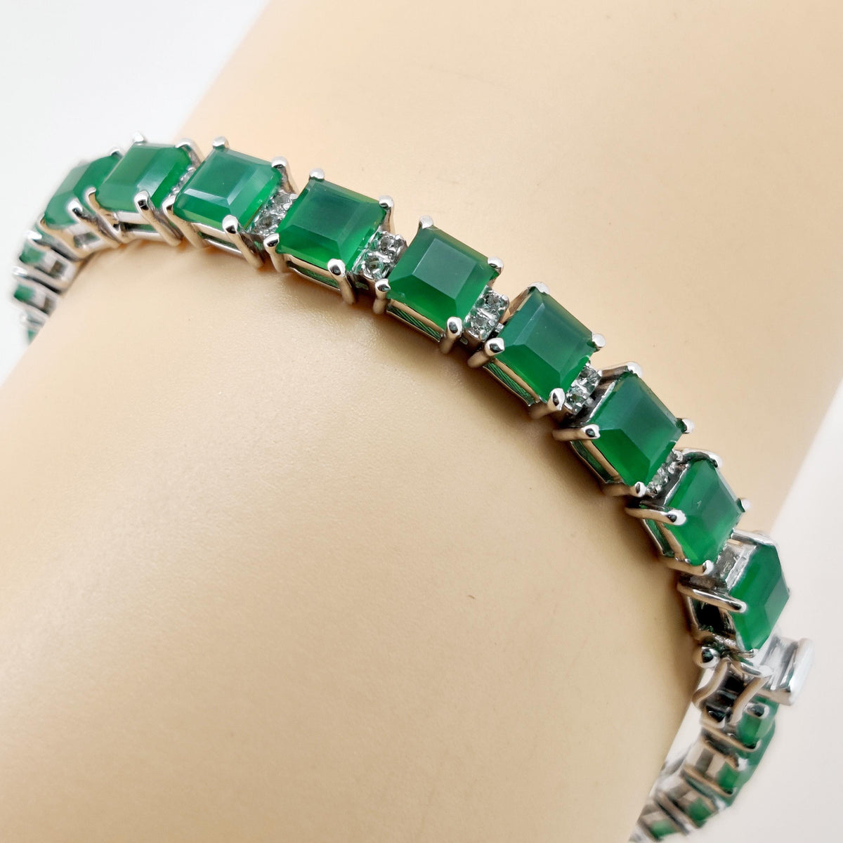Sterling Silver Green Onyx Square Tennis Bracelet, May Birthstone, Handmade Jewelry