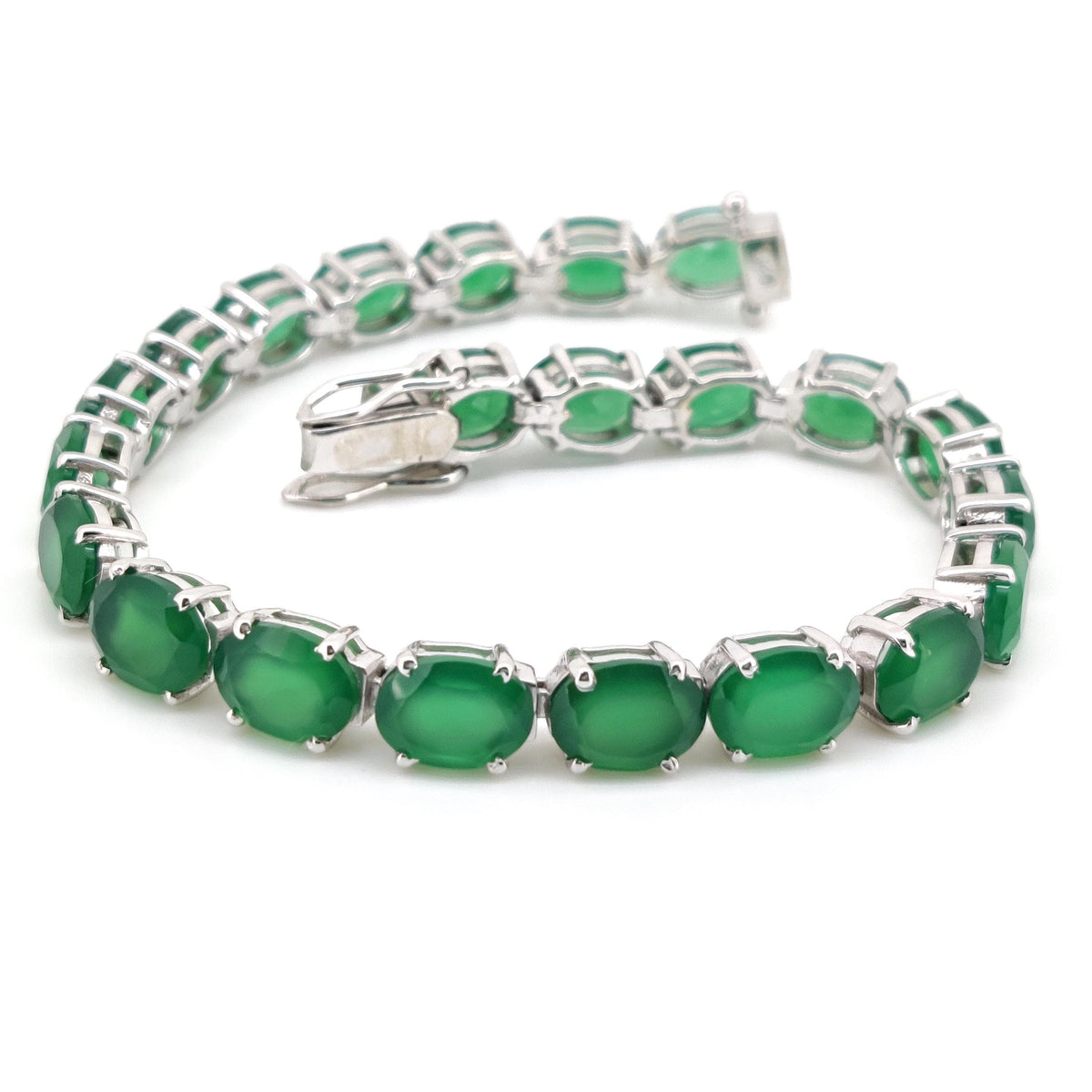 Natural Green Onyx Sterling Silver Tennis Bracelet, May Birthstone Jewelry