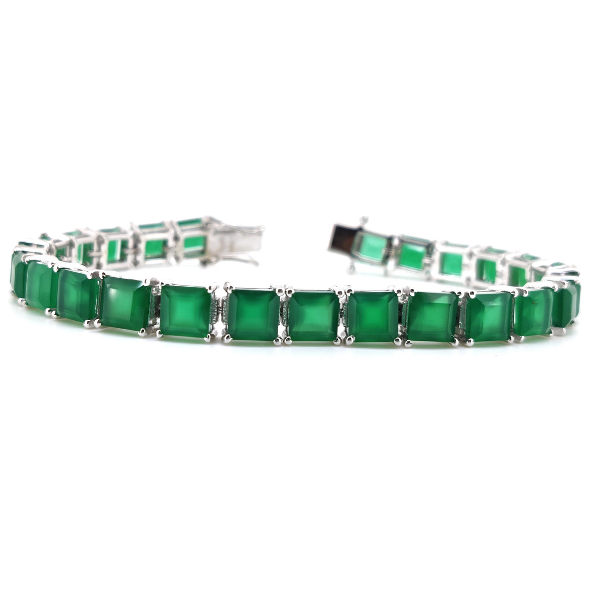 Square Green Onyx Sterling Silver Bracelet, May Birthstone Gemstone Jewelry