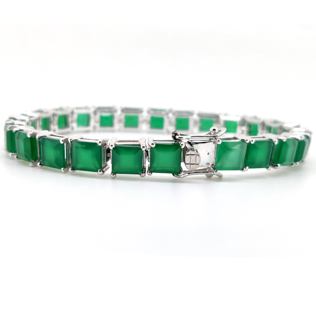 Square Green Onyx Sterling Silver Bracelet, May Birthstone Gemstone Jewelry