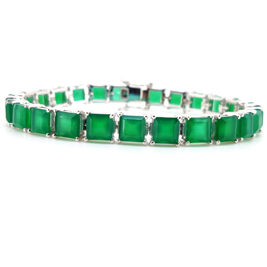 Square Green Onyx Sterling Silver Bracelet, May Birthstone Gemstone Jewelry