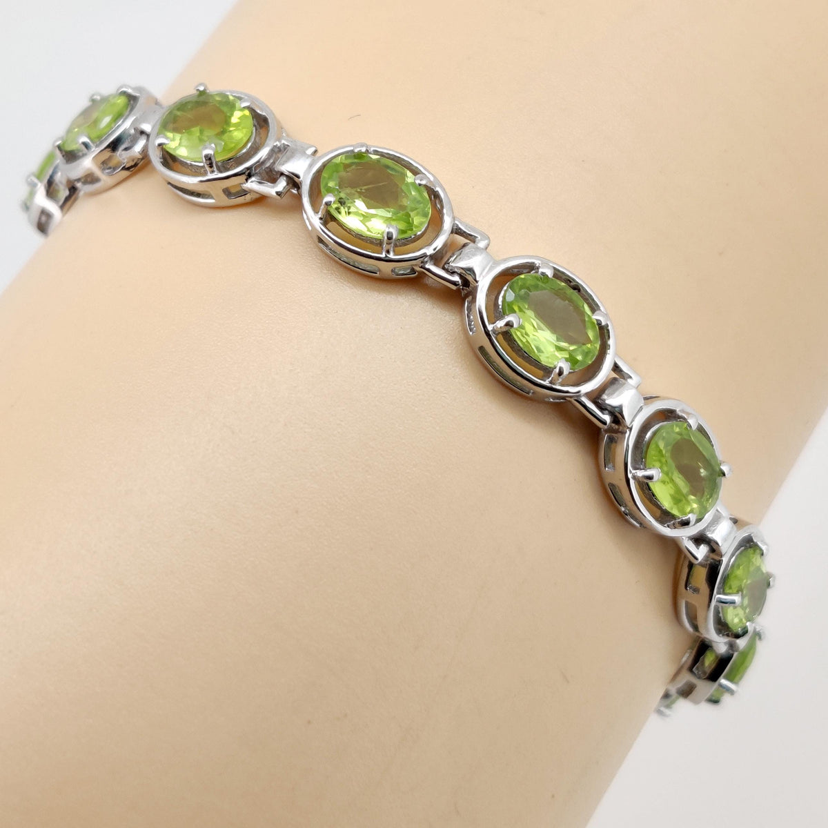 Natural Peridot Tennis Bracelet, Sterling Silver, August Birthstone, Oval Gemstone Jewelry