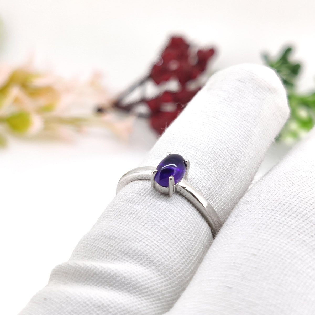 Amethyst Sterling Silver Ring, February Birthstone, Oval Gemstone Band, Anniversary & Birthday Gift For Her