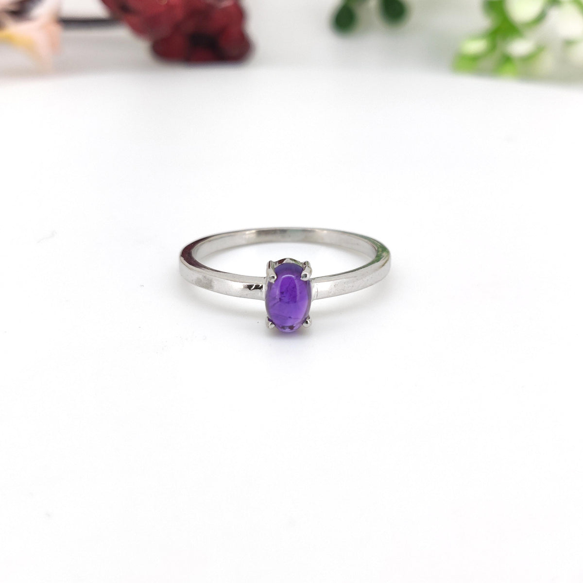 Amethyst Sterling Silver Ring, February Birthstone, Oval Gemstone Band, Anniversary & Birthday Gift For Her