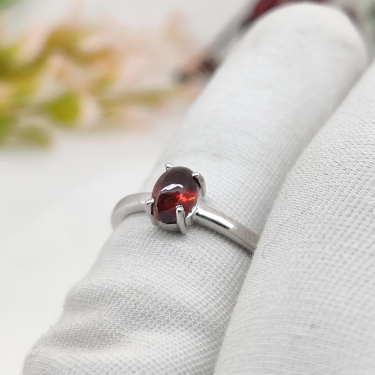 Oval Cabochon Garnet Ring, January Birthstone, 925 Sterling Silver, Natural Gemstone Band, Promise Ring