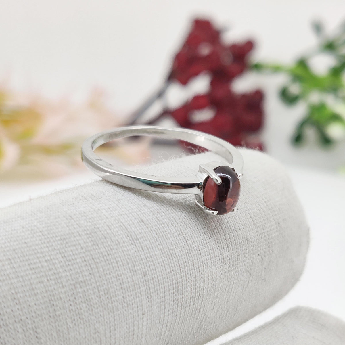 Oval Cabochon Garnet Ring, January Birthstone, 925 Sterling Silver, Natural Gemstone Band, Promise Ring