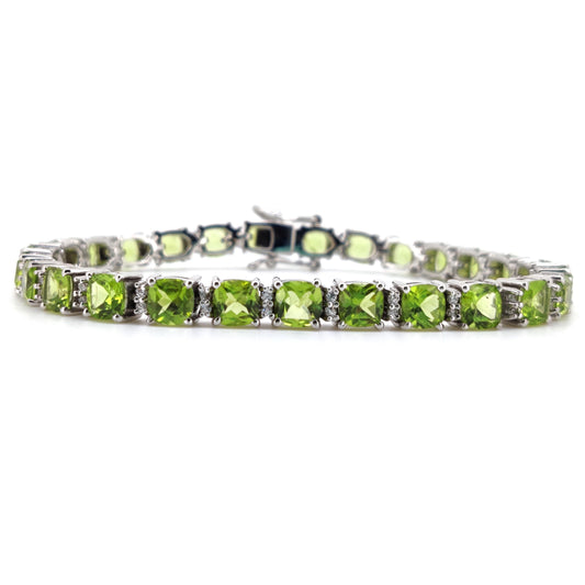 Natural Peridot Tennis Bracelet, Sterling Silver, August Birthstone, Cushion Cut Gemstone