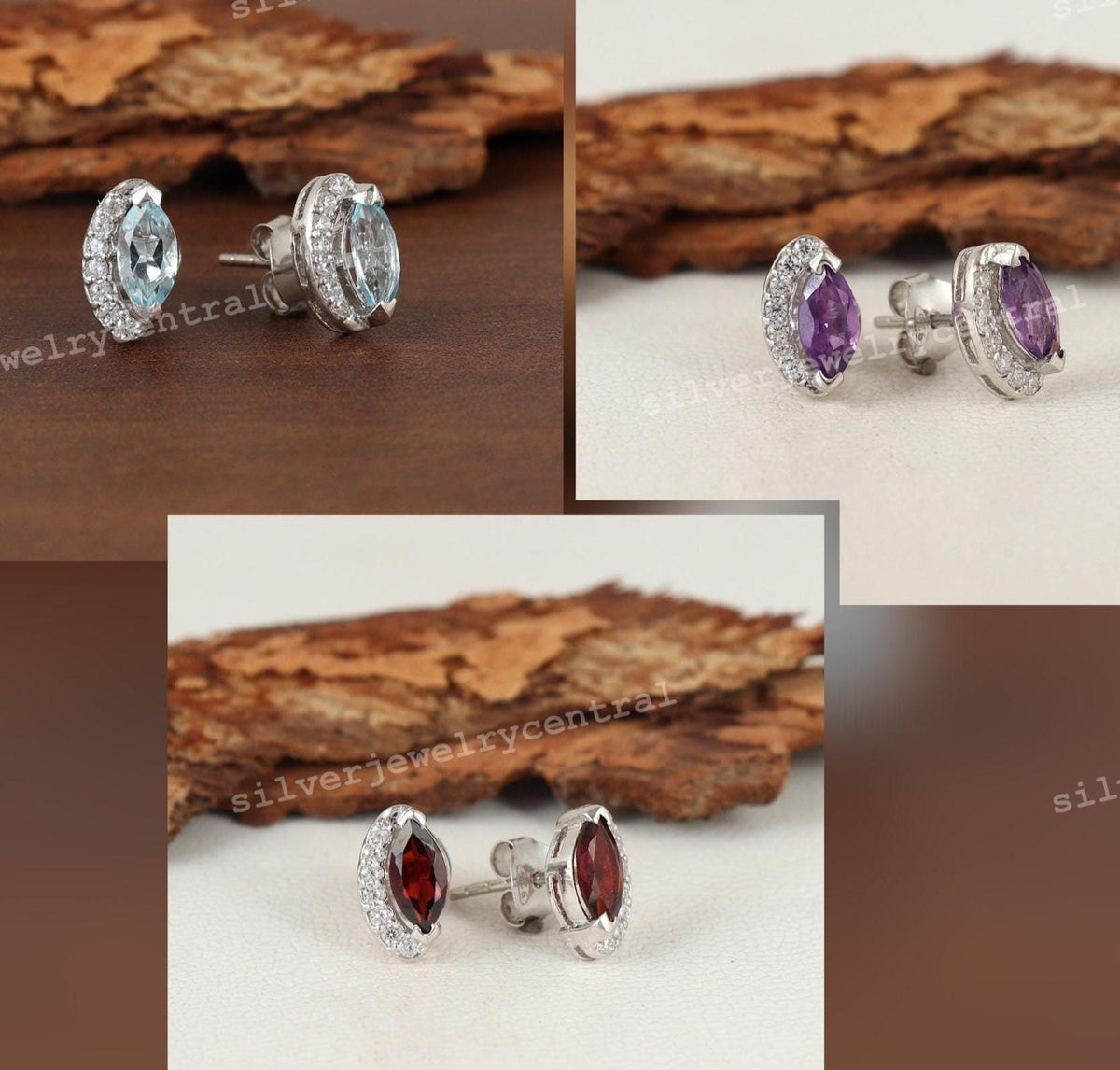 Marquise Garnet Stud Earrings, 925 Sterling Silver, January Birthstone, Minimalist Gemstone