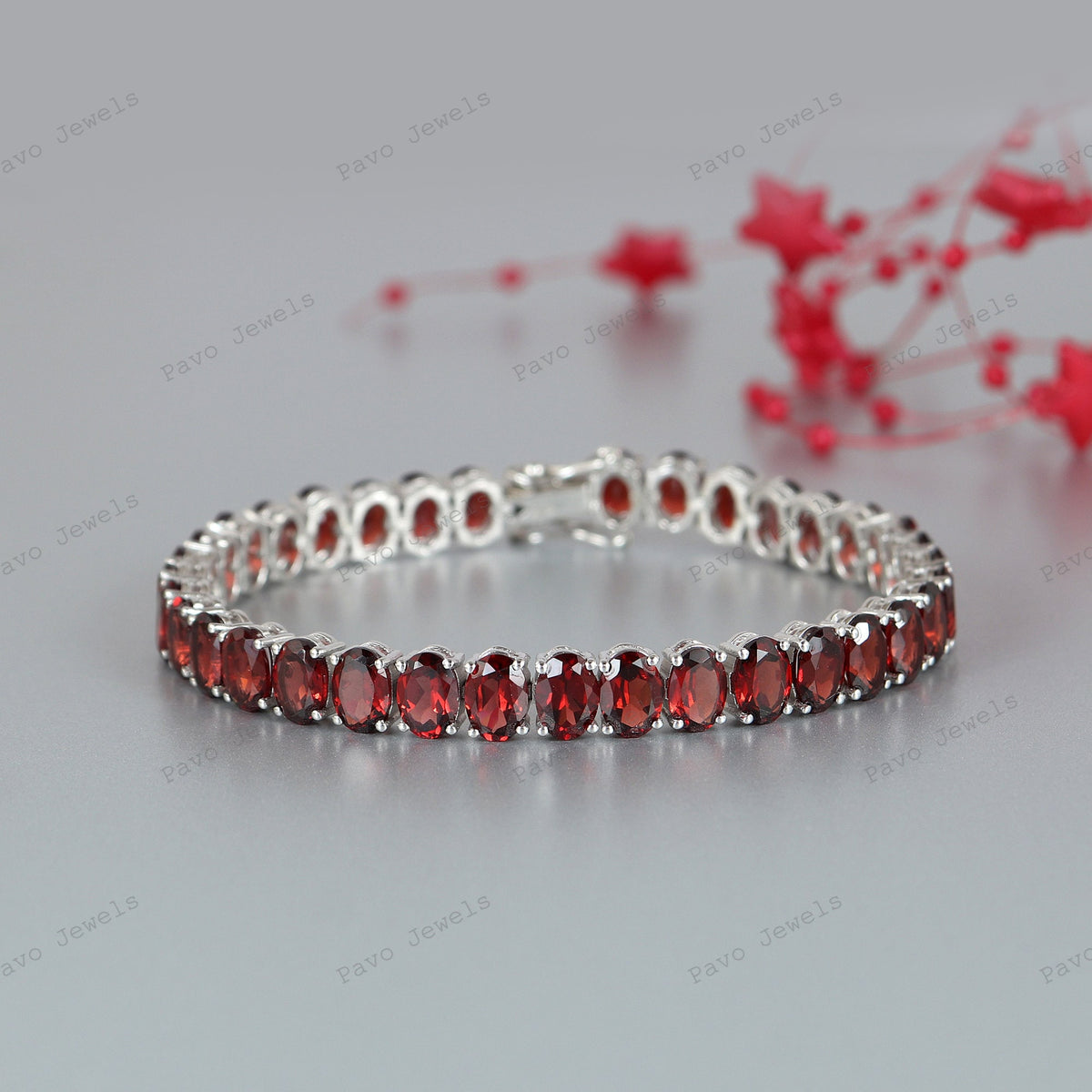 Natural Garnet Oval Gemstone Tennis Bracelet-925 Sterling Silver Bracelet-January Birthstone-Wedding Bracelet-Bridal Bracelet-Gift for Her