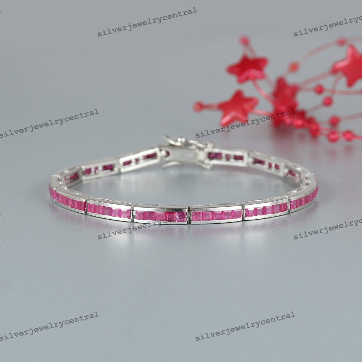 Natural Ruby Square Cut Tennis Bracelet: Sterling Silver, July Birthstone, Red Gemstone
