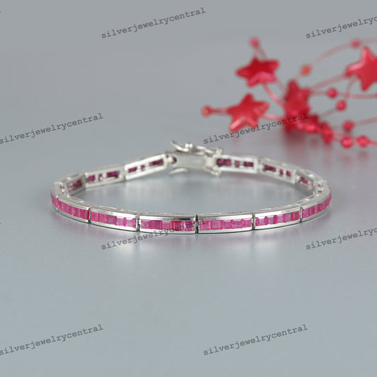 Natural Ruby Square Cut Tennis Bracelet: Sterling Silver, July Birthstone, Red Gemstone