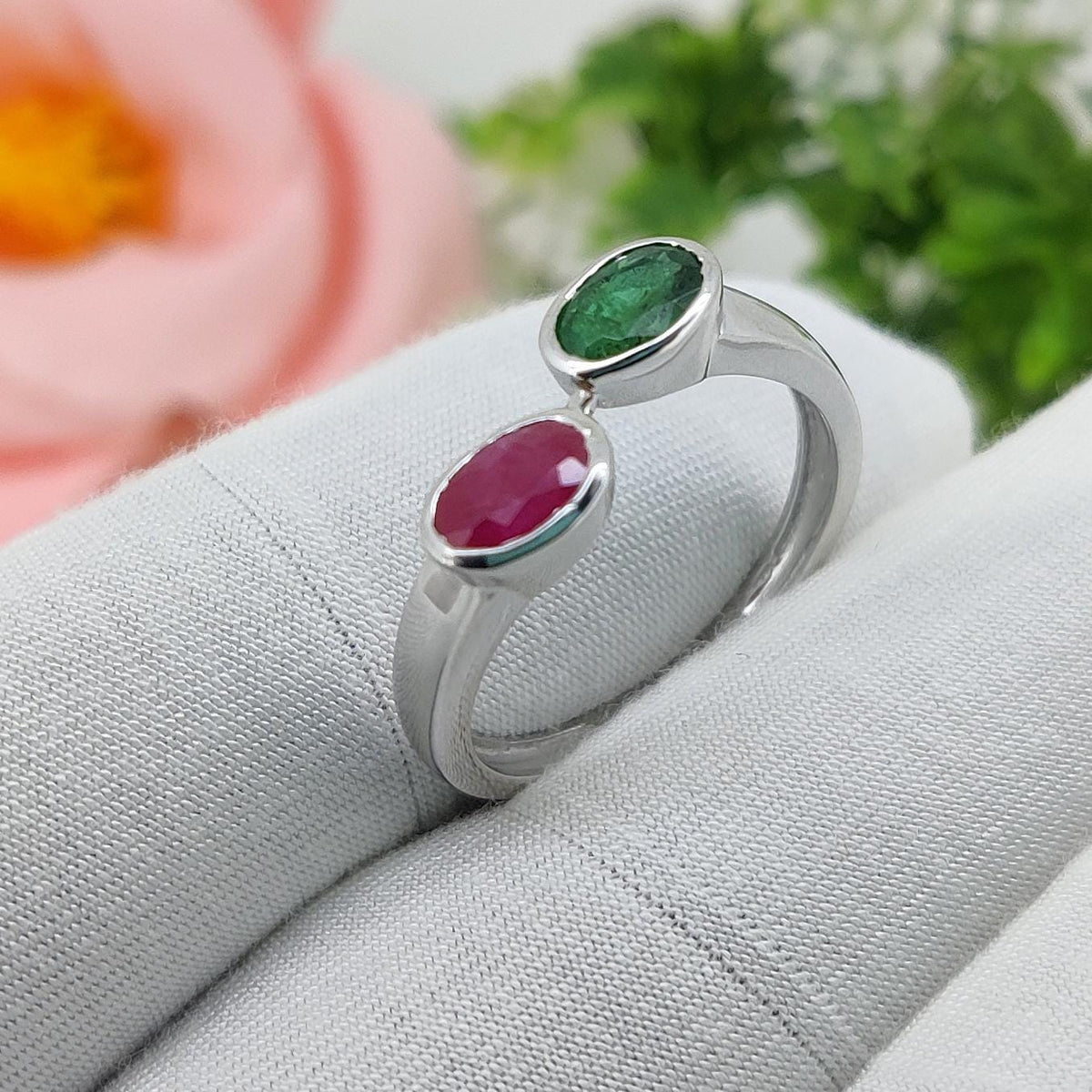 Natural Ruby & Emerald Gemstone Silver Ring Luxury Handmade Jewelry Anniversary Gift for Her