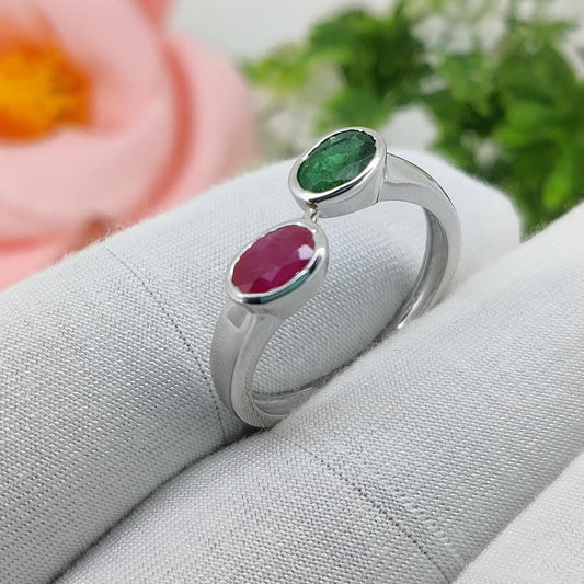 Natural Ruby & Emerald Gemstone Silver Ring Luxury Handmade Jewelry Anniversary Gift for Her
