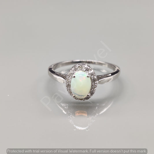 Natural Ethiopian Opal Diamond Ring, 925 Sterling Silver, October Birthstone Cluster Ring