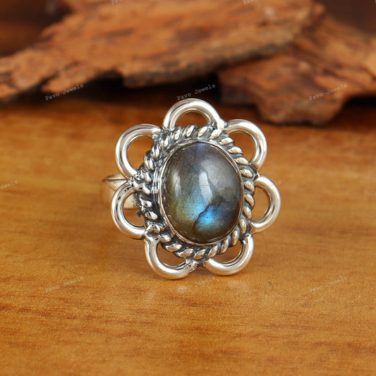 Blue Fire Labradorite Ring, 925 Sterling Silver Gemstone Jewelry