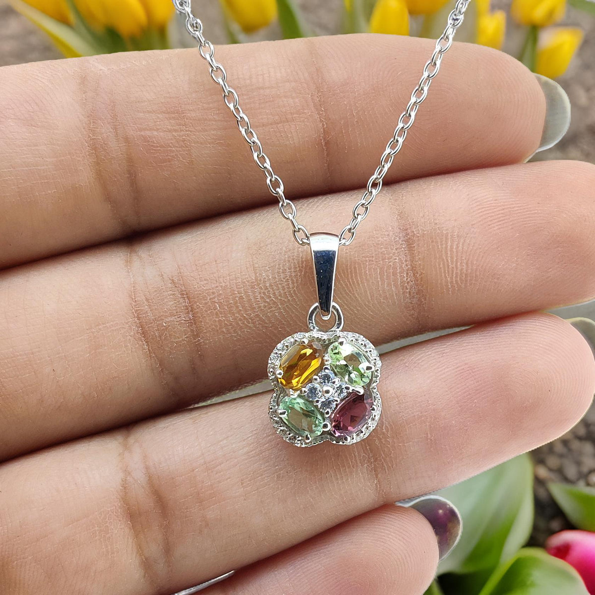 Minimalist Multi Tourmaline Sterling Silver Pendant: October Birthstone
