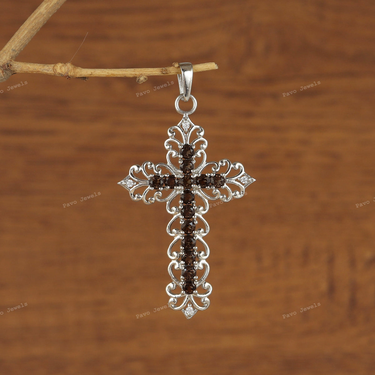 Smoky Quartz Cross Pendant: 925 Sterling Silver, Religious Jewelry