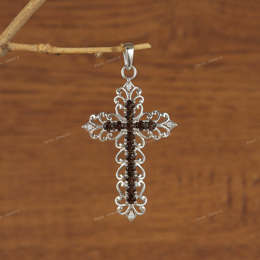 Smoky Quartz Cross Pendant: 925 Sterling Silver, Religious Jewelry