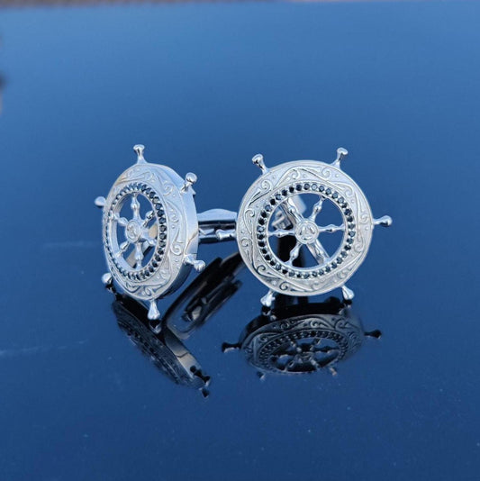 Sterling Silver Ship Wheel Cufflinks, Black Spinel Gemstone, Gothic Nautical Jewelry