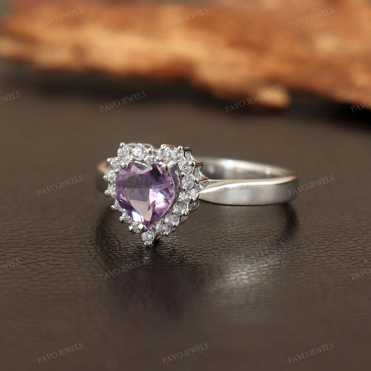 Amethyst Gemstone Heart Shape Ring, 925 Silver Cluster Ring, February Birthstone