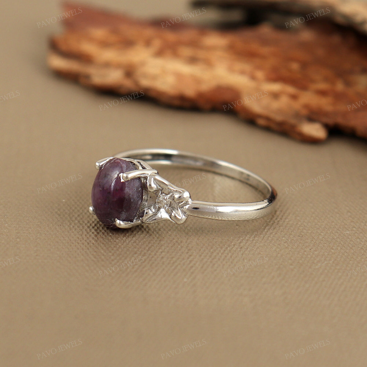 Ruby Star & Diamond Ring: Sterling Silver Oval Stackable Ring
