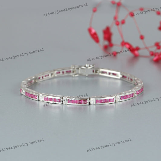 Natural Ruby and Diamond Tennis Bracelet, 925 Sterling Silver, July Birthstone