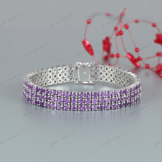 Triple Line Amethyst Tennis Bracelet, 925 Sterling Silver, February Birthstone, Anniversary Gift