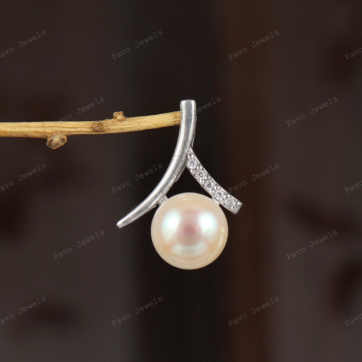 Peach Pearl Pendant, Sterling Silver Necklace with Cubic Zircon