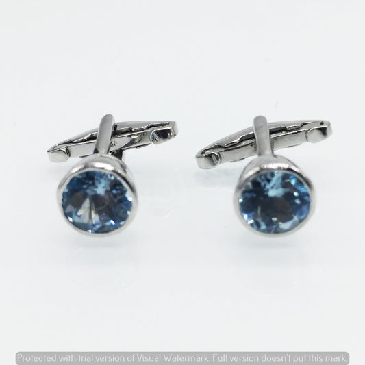 Handmade Round Sky Blue Topaz 925 Sterling Silver Cufflinks
