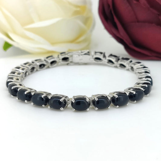 Black Onyx Tennis Bracelet: Oval Gemstone, Sterling Silver Jewelry