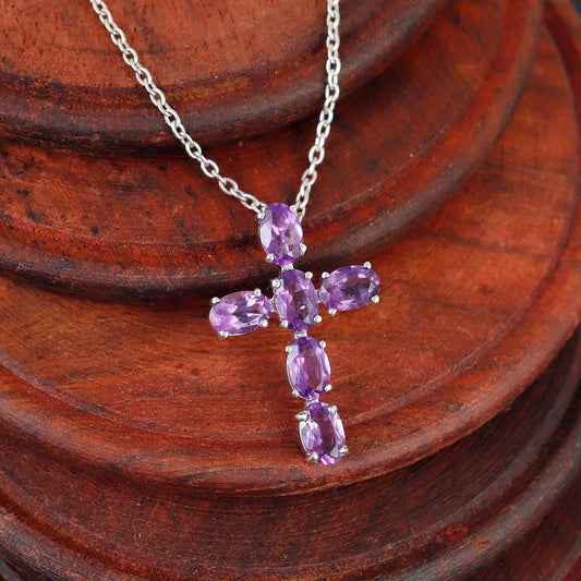 African Amethyst Cross Pendant Handmade Sterling Silver Necklace Jewelry Christmas