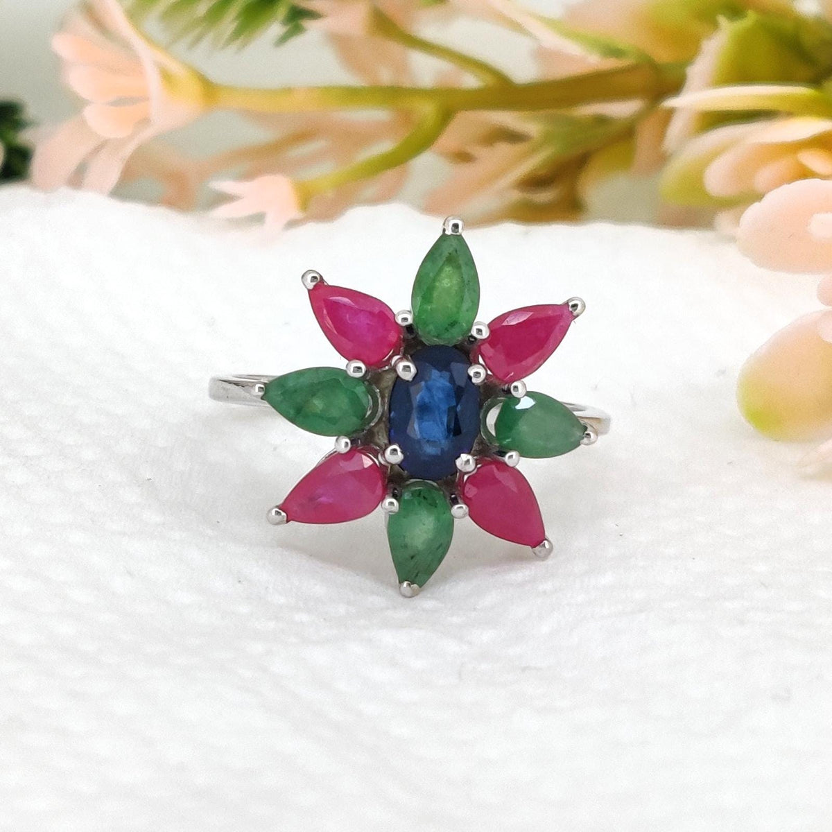 Multi Stone Ring, Ruby Emerald Sapphire Ring, Sterling Silver Band, Birthstone Gift
