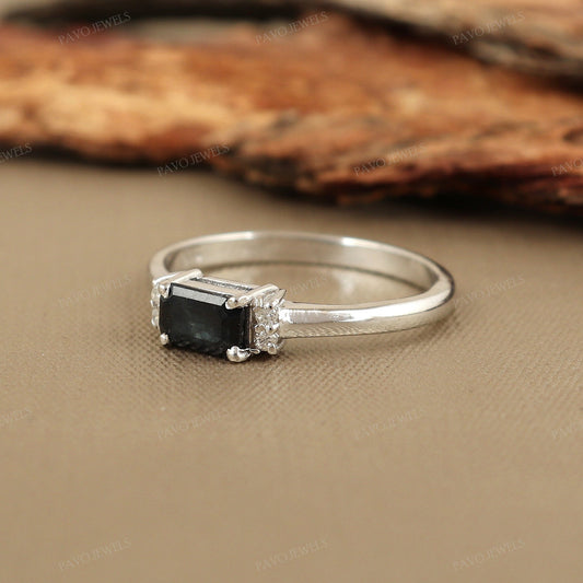 Emerald Cut Blue Sapphire Ring: Sterling Silver September Birthstone