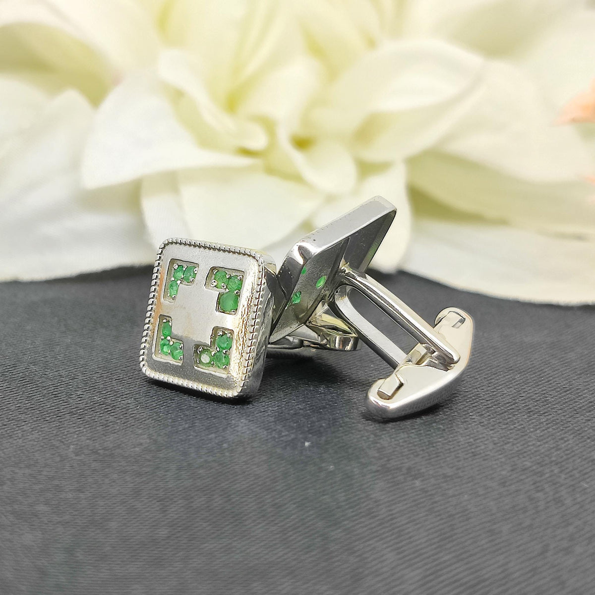 Natural Emerald Cufflinks-925 Sterling Silver-May Birthstone-Minimalist Square Cufflinks-Formal Wear Men's Accessories-Gift for him