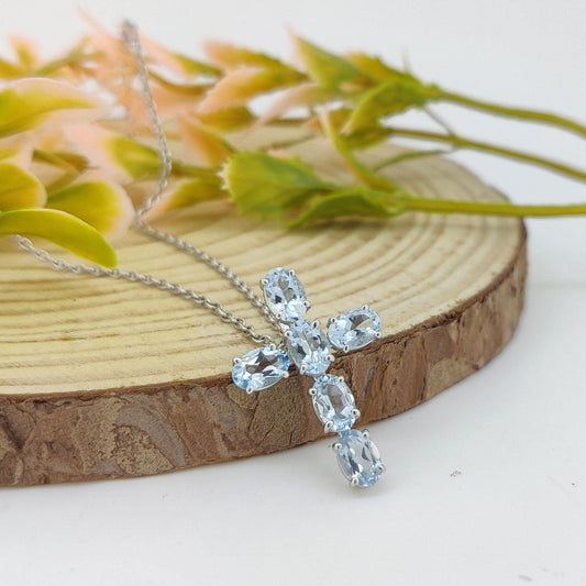 Aquamarine Cross Pendant: Sterling Silver March Birthstone Jewelry