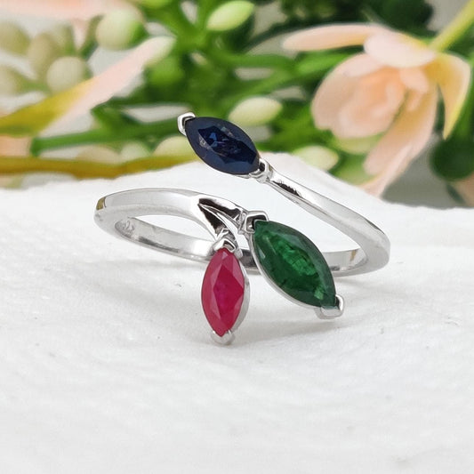 Sterling Silver Marquise Gemstone Ring, Ruby Emerald Sapphire Three Stone Open Ring