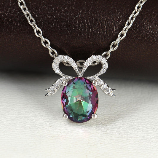 Oval Mystic Topaz Pendant Necklace, Sterling Silver Bow, November Birthstone, Rainbow Gemstone