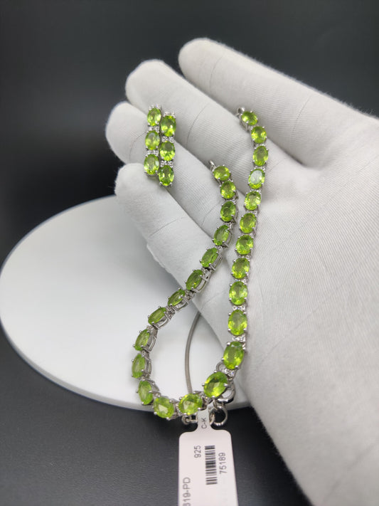Sterling Silver Peridot Necklace and Earrings Set, Oval Gemstone, August Birthstone